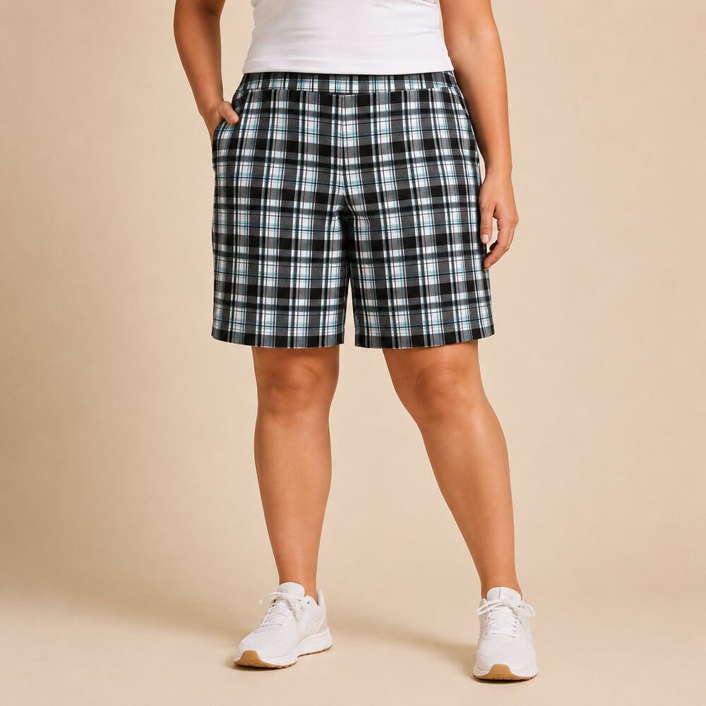 Izod Womens Black White Plaid Cool FX Performance Golf Bermuda Shorts 16 NWT